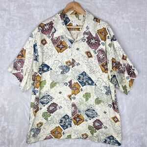 Vtg Burma Bibas Mens XL 100% Silk Button Up Hawaiian White Lotus Resort Party